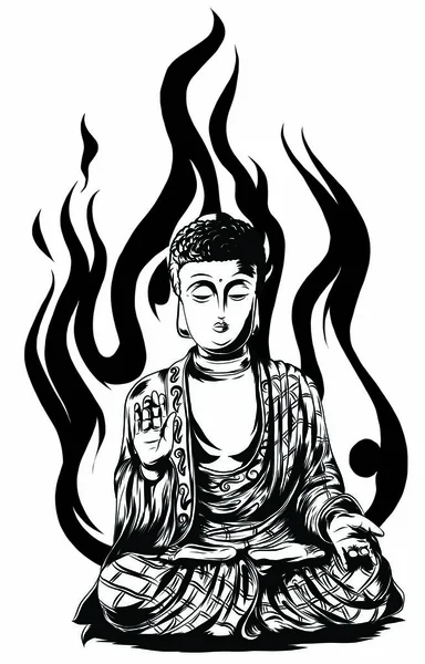 Gambar garis Buddha. Sketsa duduk atau bermeditasi patung buddah . - Stok Vektor