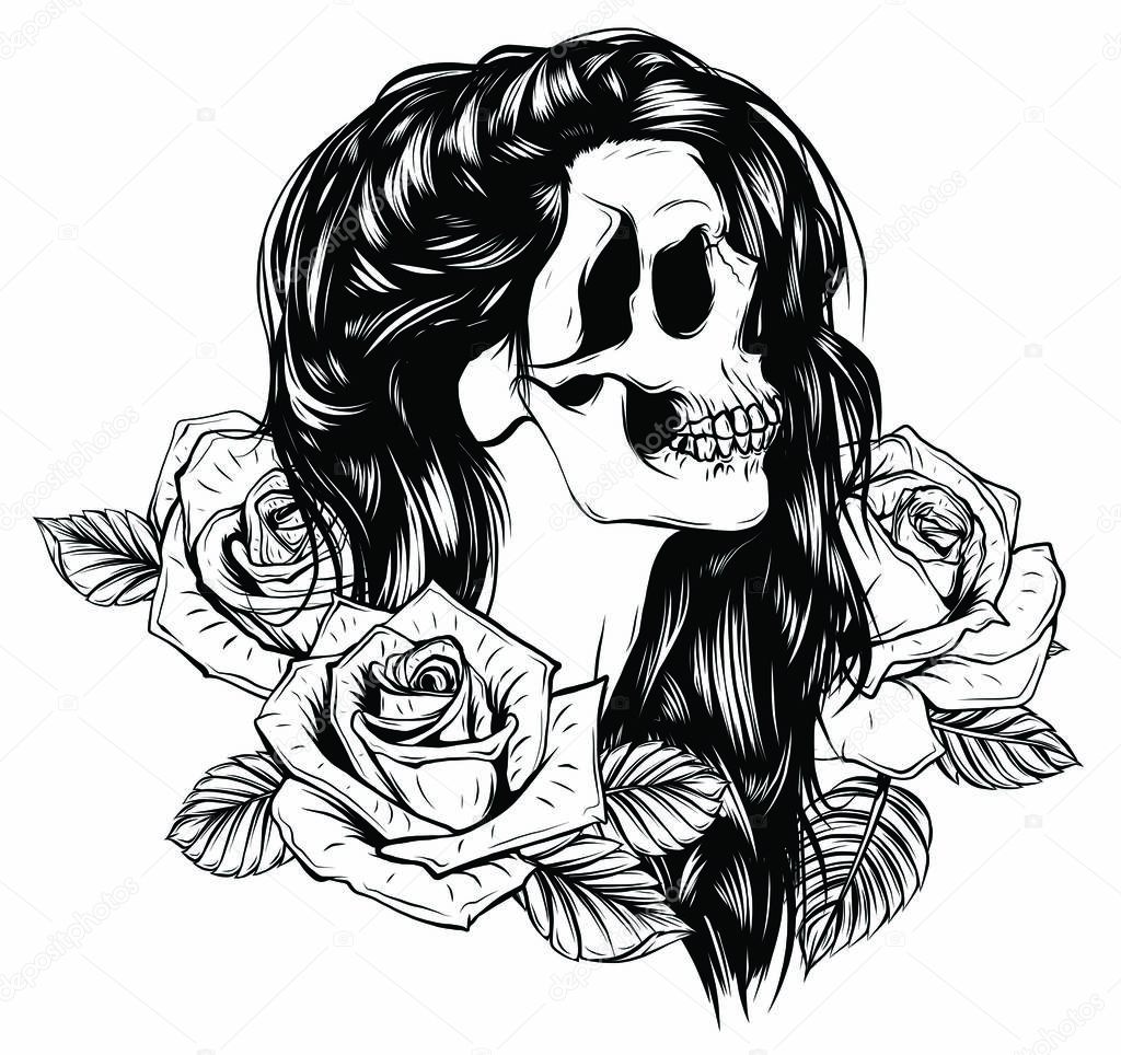 Girl with skeleton make up hand drawn vector sketch. Santa muerte woman witch portrait stock illustration Day of the dead face art