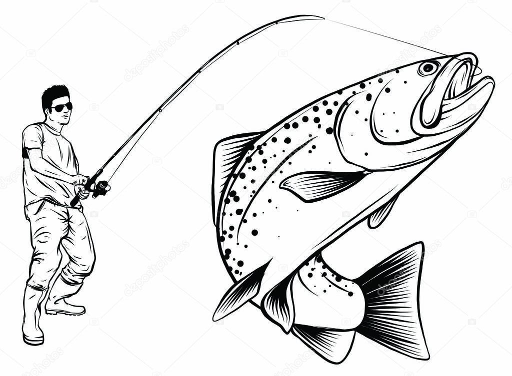Fishing design for vector. A fisherman catches a boat on a wave.