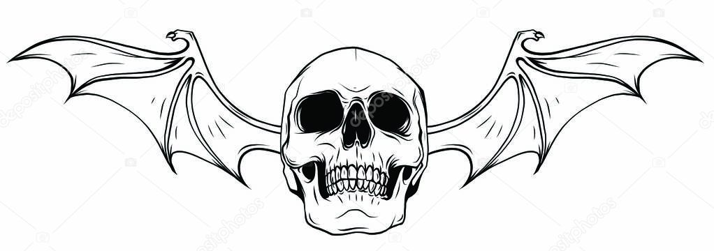 Fanged Skull with Bat Wings Black and White Vector Graphic Illustration
