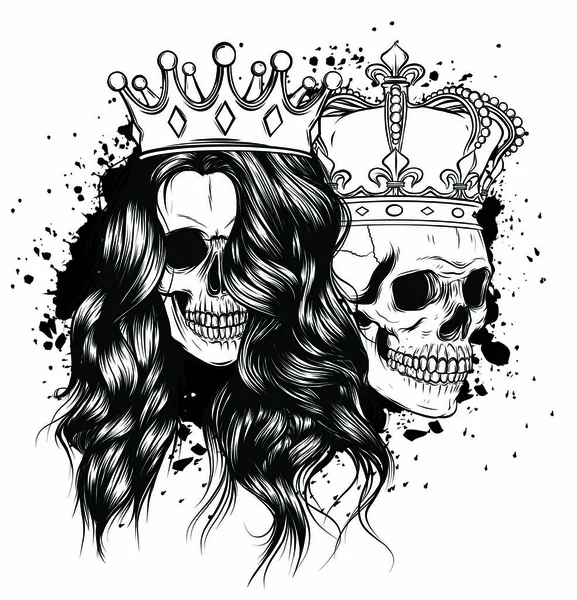 Tetování krále a královny smrti. Portrét lebky s korunou. — Stockový vektor