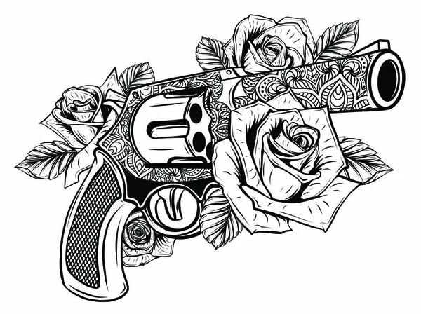 Armes à feu et fleurs roses dessinées dans le style tatouage. illustration . — Image vectorielle