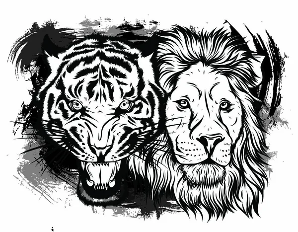 León y Tigre gruñendo uno frente al otro, abrir una boca amargada, caninos, garabato dibujado a mano, boceto en estilo pop art, ilustración vectorial — Vector de stock