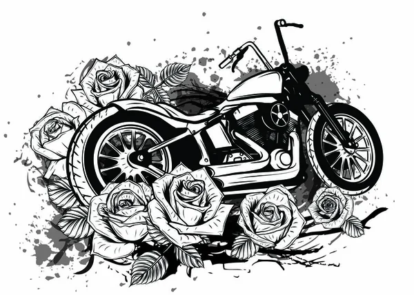 Motorcykel med rosor och pioner, kortram — Stock vektor