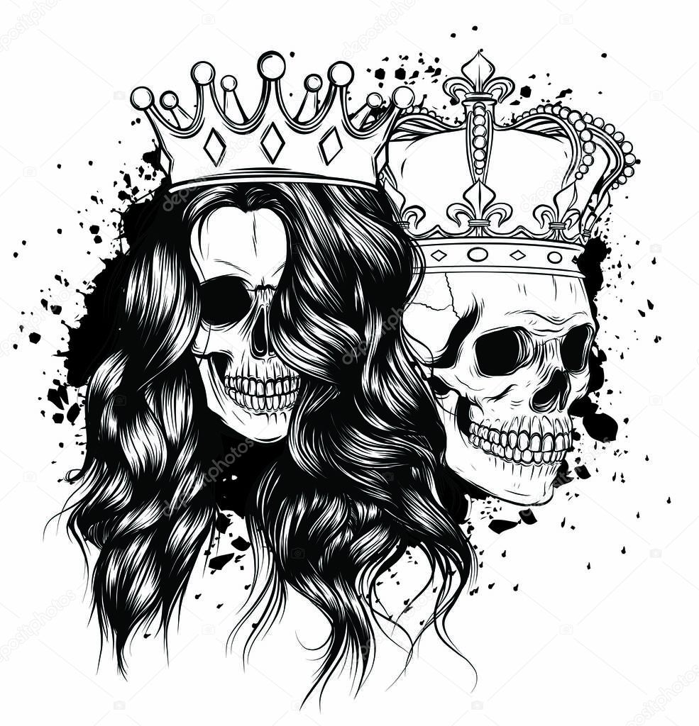 tattoo of King and queen of death. Portrait of a skull with a crown.