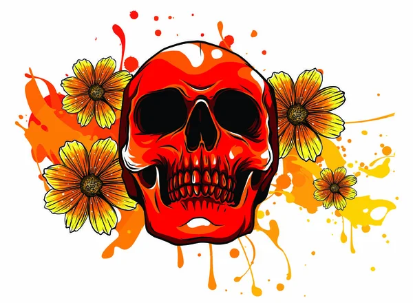 Ludzka czaszka i wieniec kwiatowy. Los Muertos. Ilustracja wektora. — Wektor stockowy