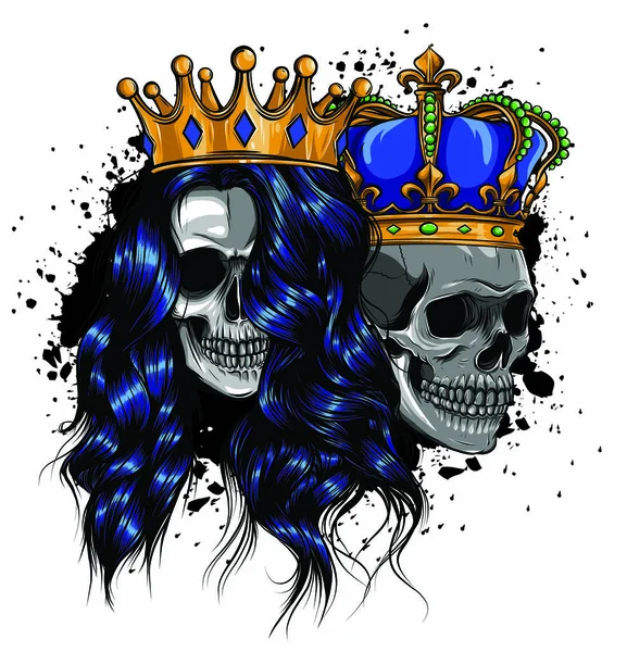 Tatouage de roi et reine de la mort. Portrait d'un crâne avec une couronne . — Image vectorielle