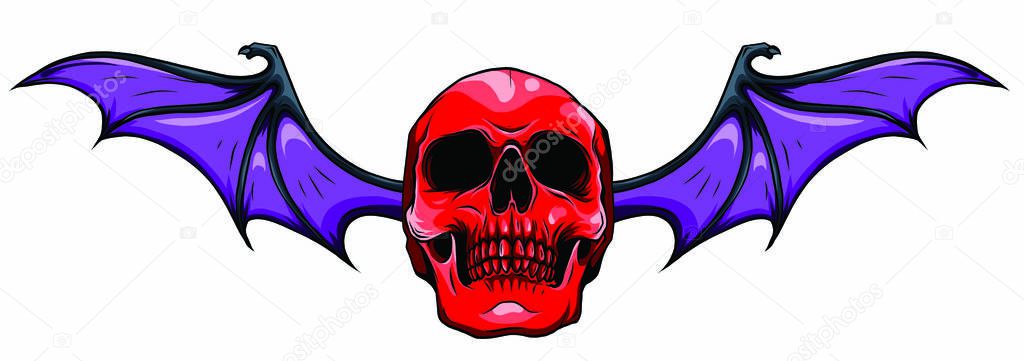 Fanged Skull with Bat Wings Black and White Vector Graphic Illustration