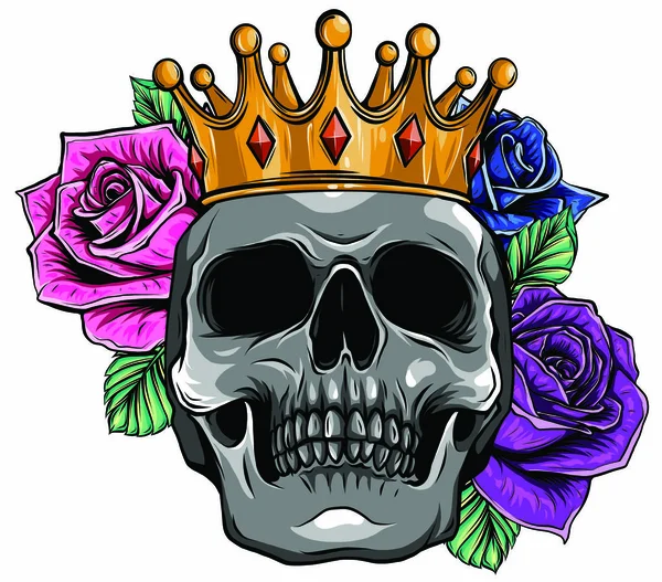 König des Todes. Porträt eines Totenkopfes mit Krone und Lippenstift. — Stockvektor