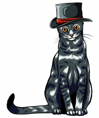 Gri şapkalı, gözlüklü ve papyon resimli komik İngiliz kedi hipster.