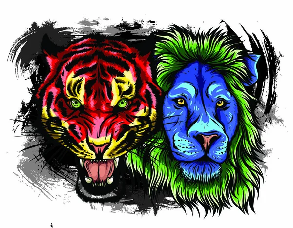 Rostros combinados de león y tigre. ilustración vectorial — Vector de stock