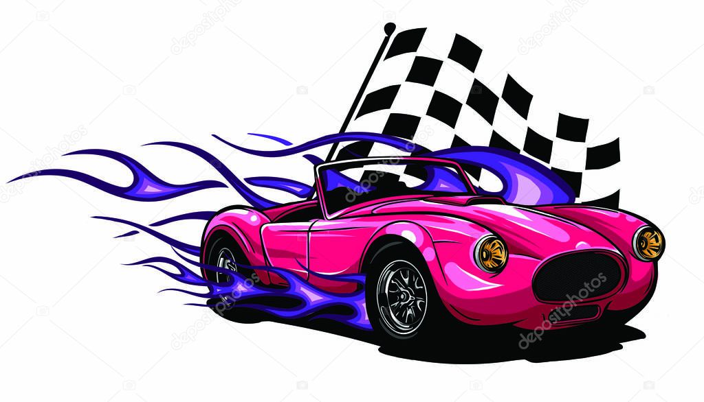 vector illustration Muscle Car with flames and race flag