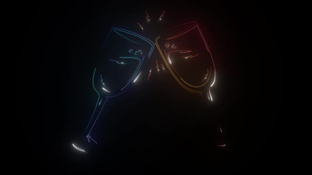 Dessin en ligne continue de deux verres de champagne avec effet néon — Video