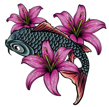 hand drawn koi fish with flower tattoo for Arm.Colorful Koi carp with Water splash