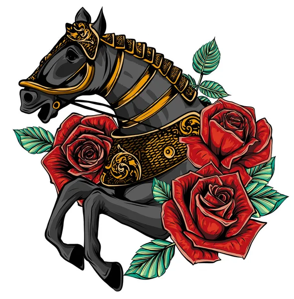 Cabeza de caballo bordado y rosas silvestres, flores de escaramujo. — Vector de stock