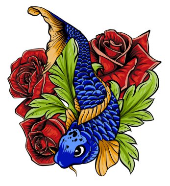 hand drawn koi fish with flower tattoo for Arm.Colorful Koi carp with Water splash