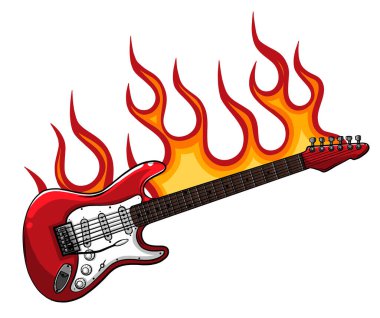 Alevler içindeki kırmızı bas gitarın vektör çizimi