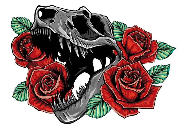 Desenho de estilo esboço detalhado do tiranossauro rugindo rex e moldura de rosas. Desenho de tatuagem . —  Vetores de Stock