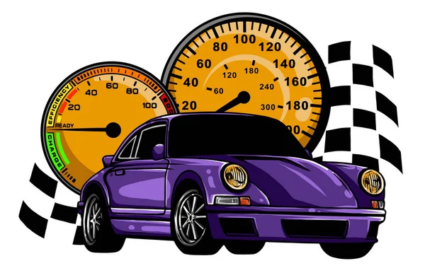 Velocidad de coches de carreras con líneas de desenfoque de movimiento abstracto situado en un telón de fondo de una bandera a cuadros y velocímetro que muestra alta velocidad . — Vector de stock