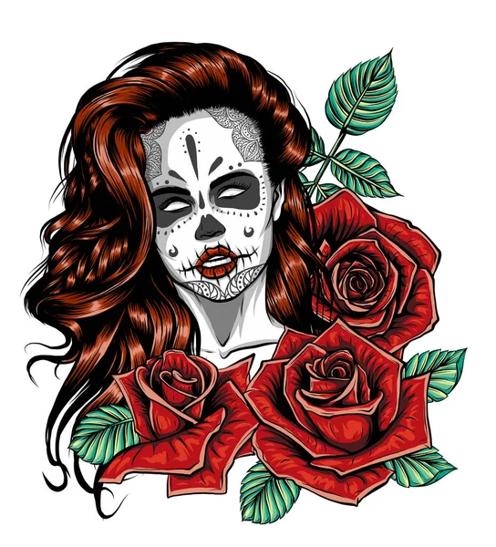 Fille avec squelette faire dessin vectoriel dessiné à la main. Santa muerte femme sorcière portrait illustration stock — Image vectorielle