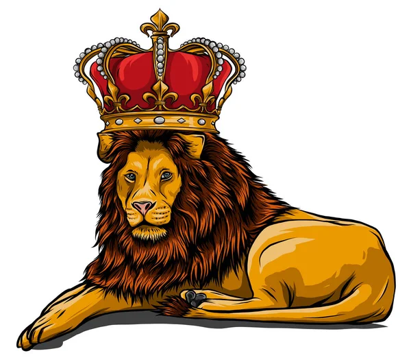 León real con corona - cabeza de rey animal con melena larga — Vector de stock
