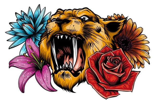 Tête de tigre visage et composition fleurs jaune tournesol roses vecteur illustration — Image vectorielle