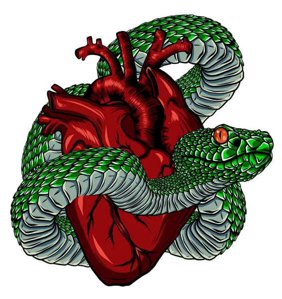 Tatouage de serpent et coeur. Symbole d'amour, envie, vecteur de conception de t-shirt maléfique — Image vectorielle