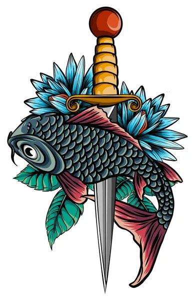 Dibujo ilustración estilo boceto de un pez trucha y un cuchillo cocinero visto — Vector de stock