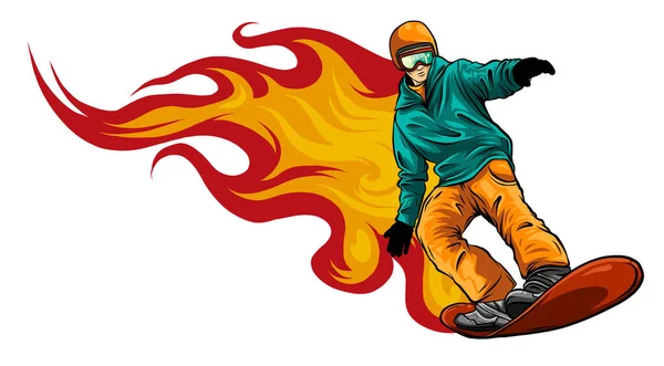 Passionné Flaming Snowboard Athlete Extreme Pose vecteur — Image vectorielle