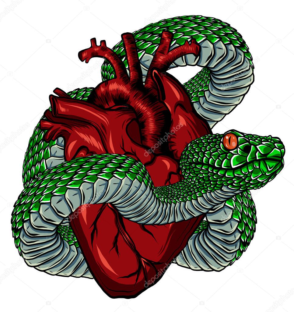Snake and heart tattoo. Symbol of love, envy, evil t-shirt design vector