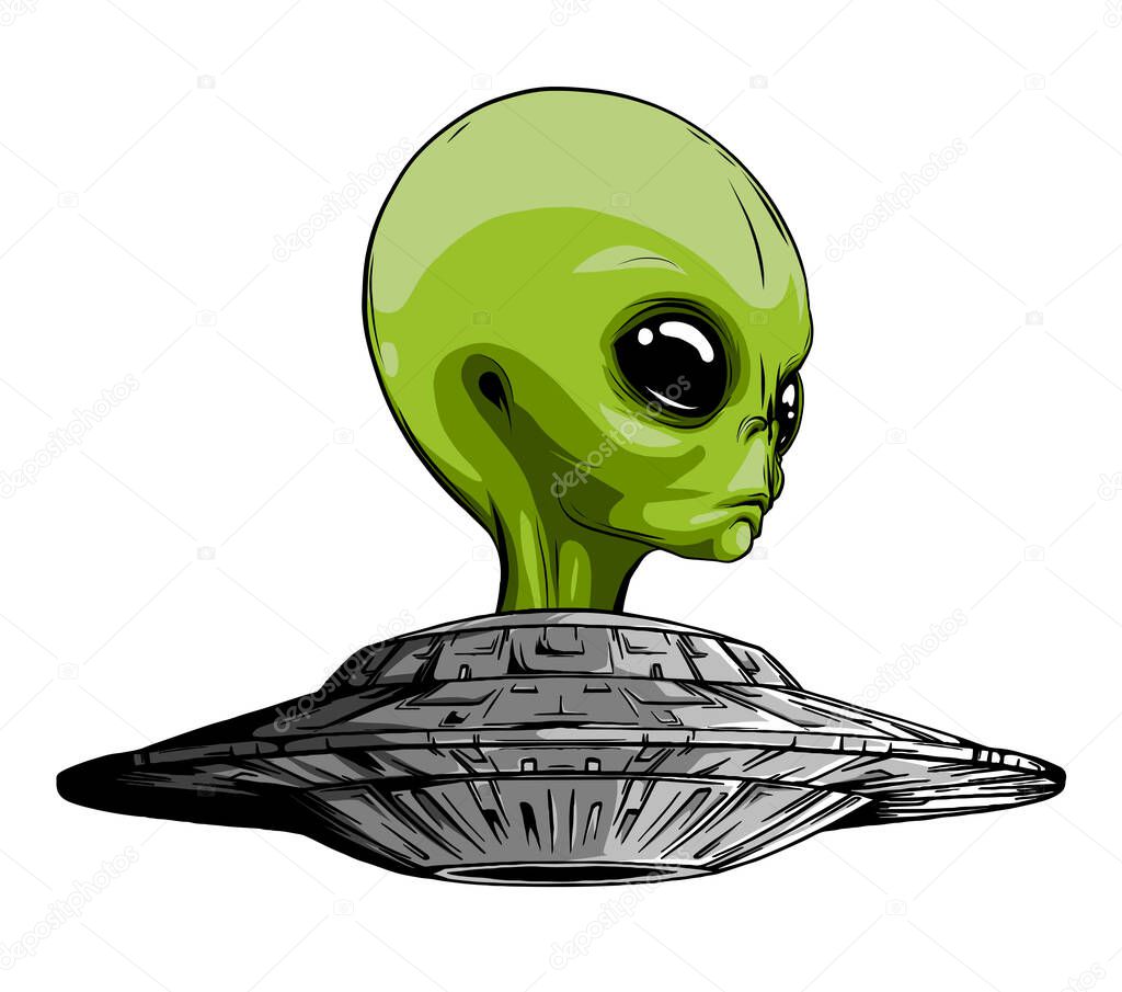 alien is sitting in a flying saucer.Hand drawn style.Space scientific vector illustration