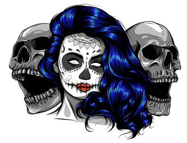 Dead girl with two sugar skulls. vector clipart