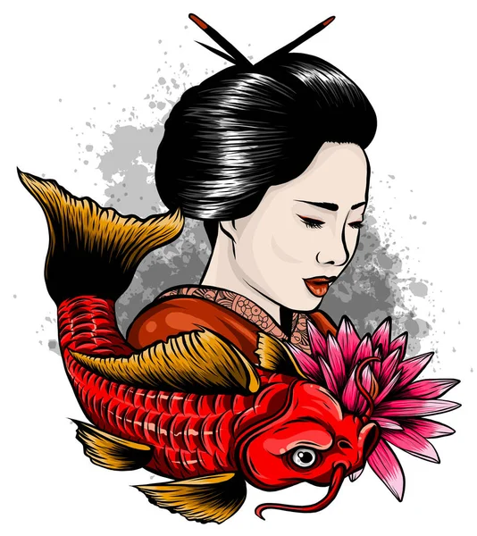 Εικονογράφηση διάνυσμα της ιαπωνικής geisha σίτιση ιερά κυπρίνους Koi το φθινόπωρο. — Διανυσματικό Αρχείο