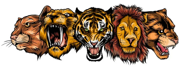 Wild Animals Heads Set. Lion, Tiger, Jaguar, Lynx - Vector Mascot Logo Design — Stock Vector