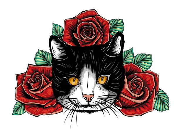 Wektor Kolor Kot Róże Ilustracja projektowanie sztuki — Wektor stockowy