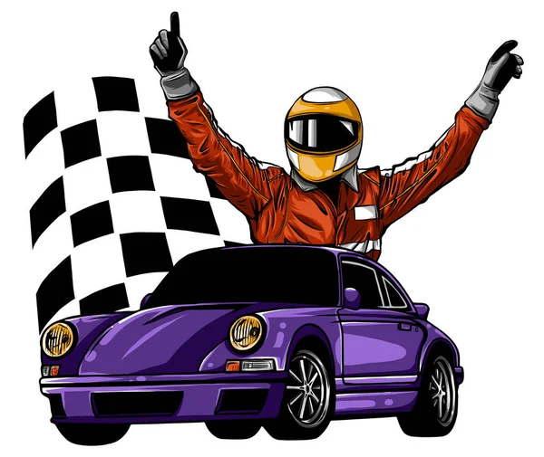 A vector illustration of a race car driver in front of his car — Stock Vector