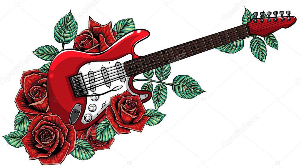 Electric guitar, roses and music notes. vector