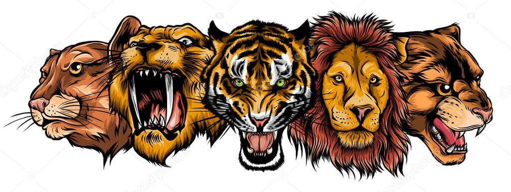 Wild Animals Heads Set. Lion, Tiger, Jaguar, Lynx - Vector Mascot Logo