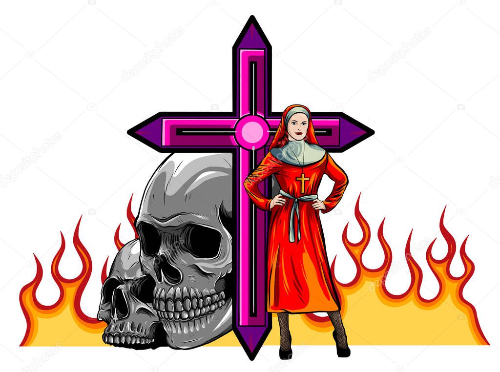 Devil nun with skull evil. Halloween concept. Flat design vector