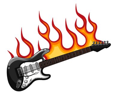 Rock yıldızı ya da bant ateş logosu. Elektro gitar ateşleyici ve alev müzik vektörü işareti.
