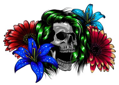 İnsan kafatası ve çiçek çelengi. Los Muertos. Vektör illüstrasyonu.