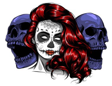 Ölü Dia de los Muertos Günü makyajlı kafataslı kız suratı. vektör