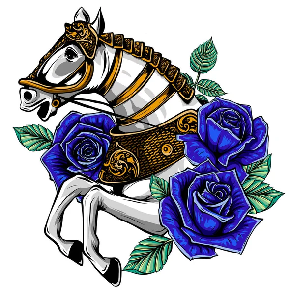 Ilustracja wektora. Portret białego konia ze złotymi kwiatami róży i liśćmi na białym tle. — Wektor stockowy