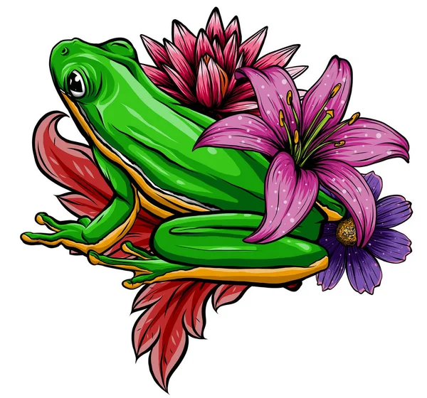 Bonita caricatura de rana. Rana de dibujos animados sentada con flor, ilustración vectorial — Archivo Imágenes Vectoriales