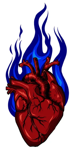 심장 이 파란 불속에 있어요. 설계의 배경에 관한 삽화 — 스톡 벡터