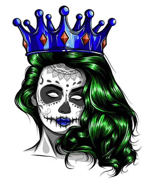 Crâne féminin avec une couronne et les cheveux longs. Reine de la mort dessinée dans le style tatouage. Illustration vectorielle. — Image vectorielle