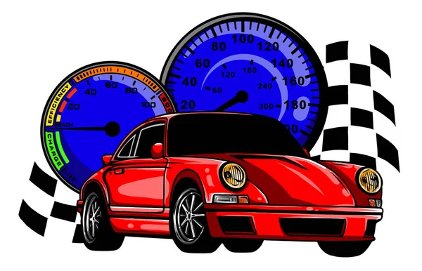 Διανυσματική απεικόνιση του αγωνιστικού αυτοκινήτου με σημαία checker σε grungy φόντο — Διανυσματικό Αρχείο