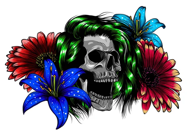 İnsan kafatası ve çiçek çelengi. Los Muertos. Vektör illüstrasyonu.