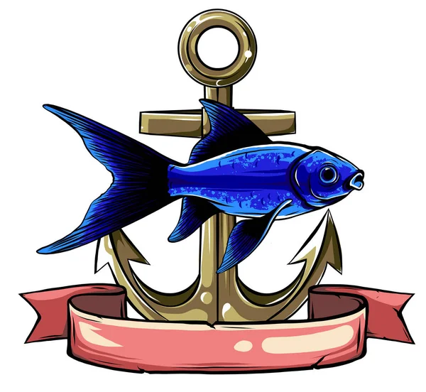 Un dibujo Ancla y peces vector illustarion — Vector de stock