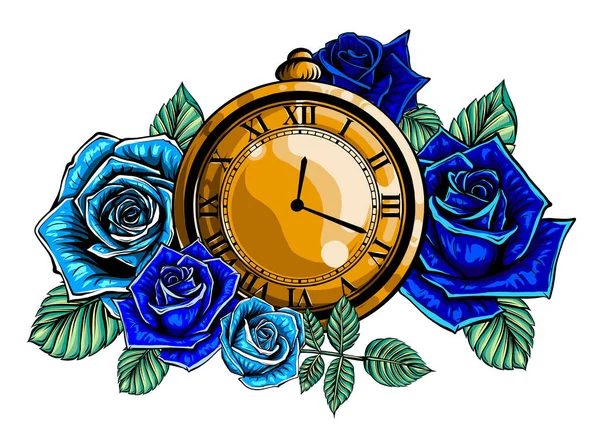 Composición con flor y reloj de bolsillo en cadena. Ilustración vectorial para tatuaje. Símbolo tiempo . — Archivo Imágenes Vectoriales